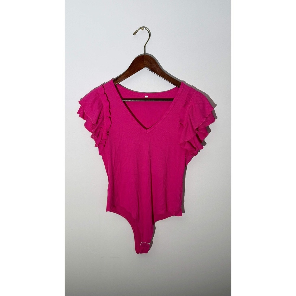 Ruffle Sleeve Bodysuit Women Large Hot‎ Pink Ribbed V-Neck Cap Sleeve - Picture 3 of 7